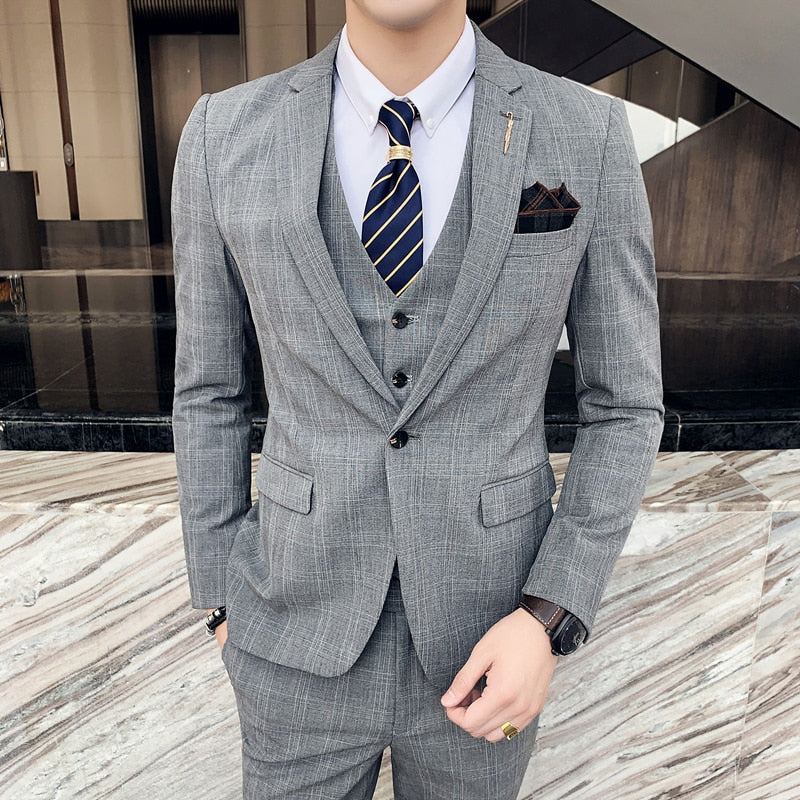 7XL Blazer Vest Pants High-end Brand Plaid Retro Business Suit Groom Wedding Party Slim Suit