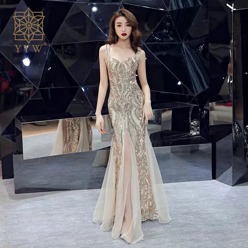 Shinny Gold Sequined V Neck Sleeveless Elegant Evening Dresses Sexy Robe De Soiree Formal Dress Luxury Mesh Club Party Vestidos