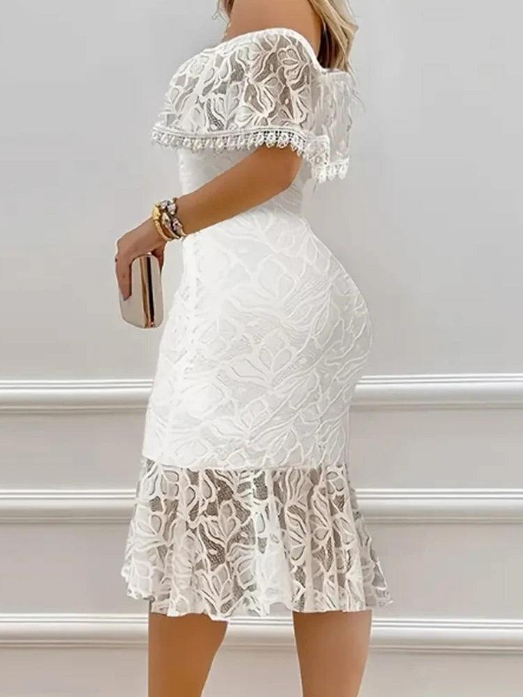 Women's White Off-Shoulder Lace Midi Dress Ruffled Neckline Flared Hem Ideal for Evening Parties Wedding Receptions