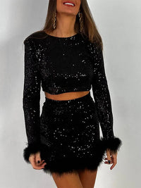 Fur Sequin party Crop Top Suit Women Fashion Sexy O Neck Long Sleeve High Waist Party 2 Piece Set 2023 Hip Package Skirt Sets