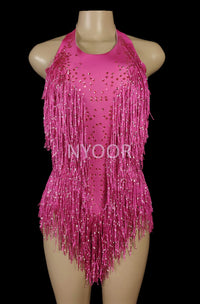 Sparkly Rhinestones Fringes Leotard Women Nightclub Party Outfit Dance Costume One-piece Stage Wear Sexy Performance Bodysuit