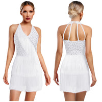 Women Rhinestones Latin Dance Costume Tassel Gymnastics Leotard Bodysuit Ballet Tango Salsa Jazz Performance Fringed Jumpsuits