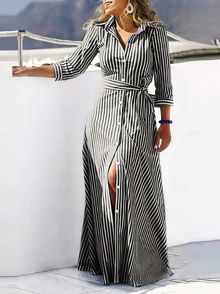 Blue Striped Print Maxi Shirt Dress For Women Plus Size Turndown Collar Long Sleeves With Belted Casual Holiday Dresses(S) Blue Striped Print Maxi Shirt Dress For Women Plus Size Turndown Collar Long Sleeves With Belted Casual Holiday Dresses(S)