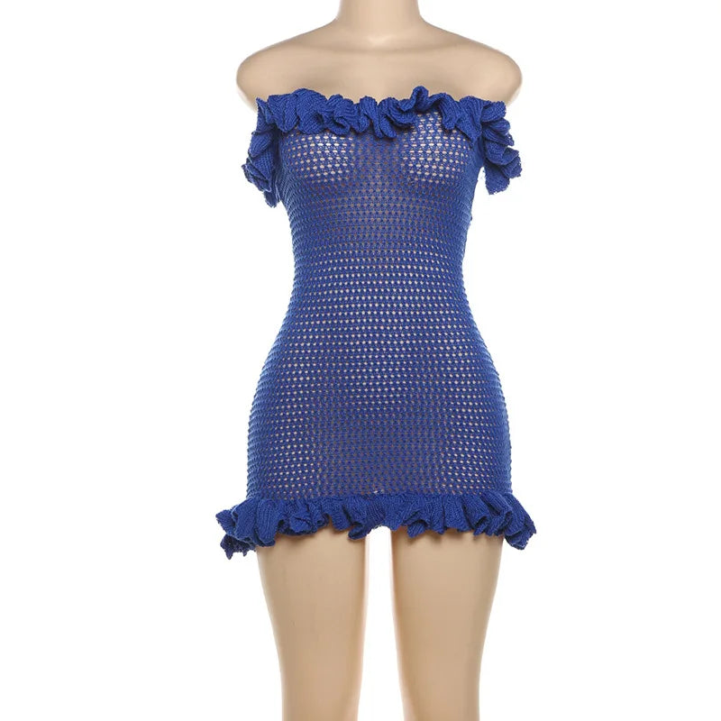 Ruffles Knitted Strapless Mini Dress Women Sexy Lace Up Bandage Backless Stretch Crochet Bodycon Club Party Dresses Vesitdos
