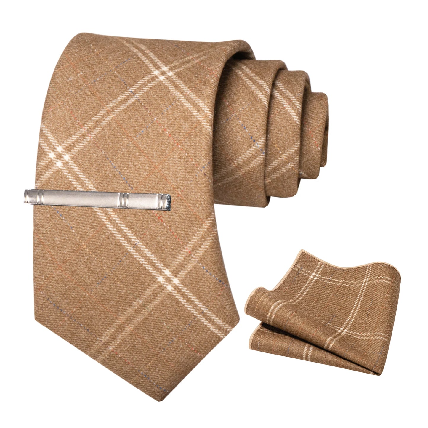 JEMYGINS Classic Wool Necktie For Men 8cm Brown Grey Men Striped Plaid Cashmere Tie Pocket Square Sets Wedding Accessory Gift