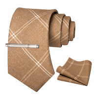 JEMYGINS Classic Wool Necktie For Men 8cm Brown Grey Men Striped Plaid Cashmere Tie Pocket Square Sets Wedding Accessory Gift