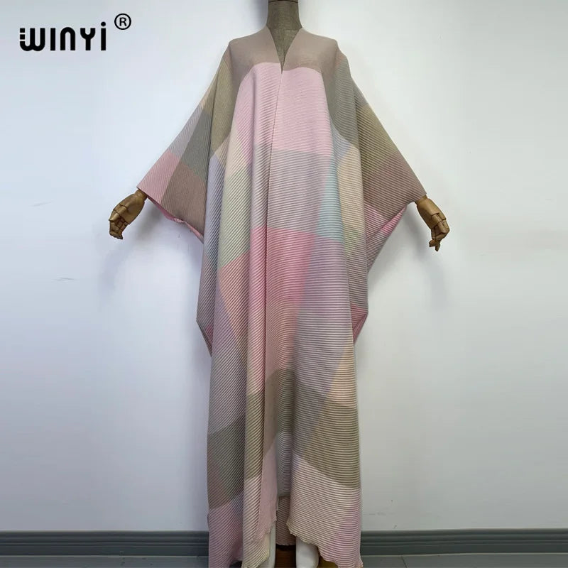 WINYI winter stripe printing cotton Pleated dress Beach Wear elegant Africa women Cardigan Hot Bohemian holiday party Kimono
