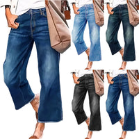 Wide-Leg Jeans For Women Washed Blue With Raw Edges Loose Fit Retro Trousers Lazy Style Trendy Trousers Daily Casual Wear