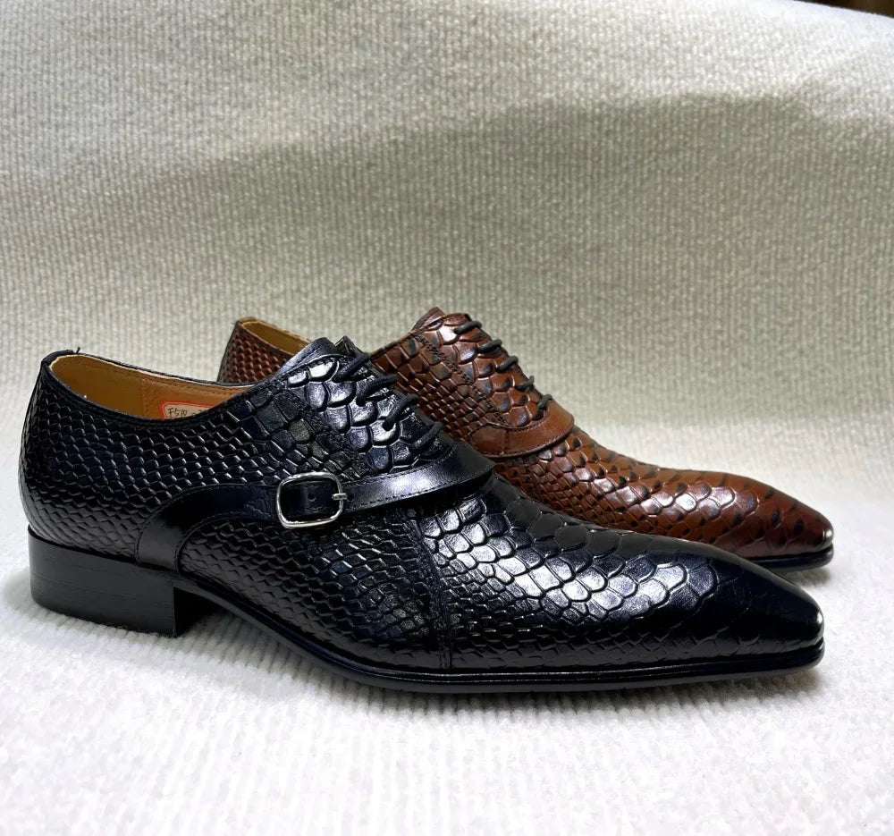 Men's Handmade Italian Style Genuine Leather Dress Shoes Pointed Toe Python Pattern Wedding Oxford Business Shoes