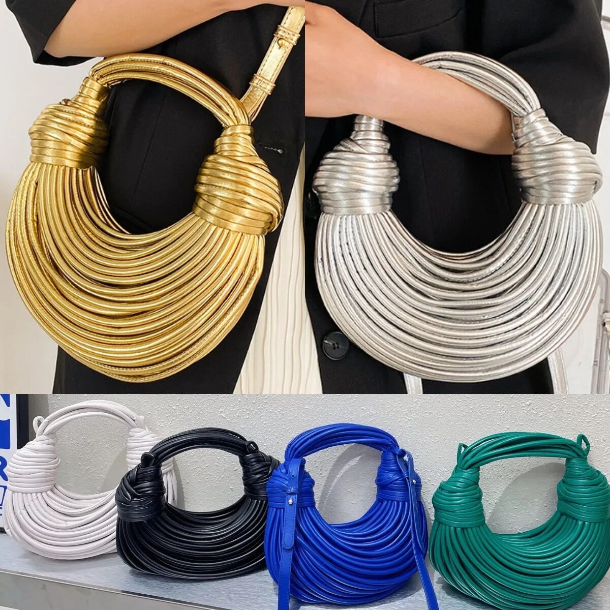 Fashion Designer Bundle Clutch Gold Bag Wire Braided Knotted Ladies Shoulder Messenger bag PU Leather Women Handbags Hobos Bag