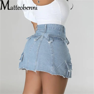 Women Midriff Four Buttons Splicing Denim Skirt New Summer Casual Ultra Short Half-body Dresses Female Trend Streetwear Washable