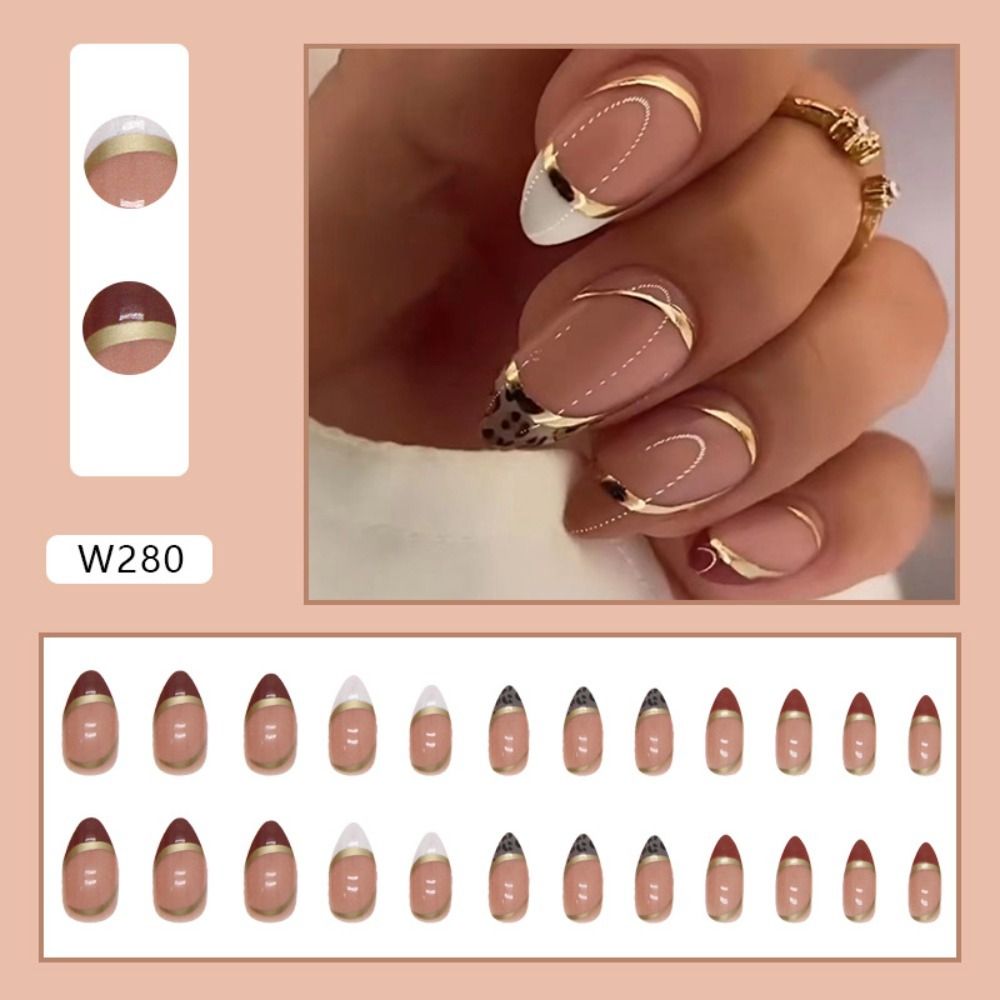 24pcs Short Almond False Nails French Ballerina Gold Line Fake Nail Full Cover Nail Tips