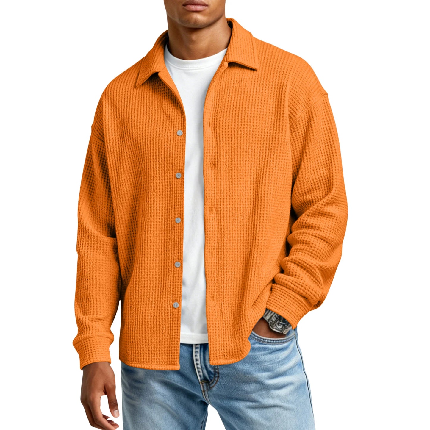 Men Casual Button Down Shirt Long Sleeve Collar Shirt Waffle Texture Loose Fit Fashion Men Top Trendy Outfit Daily Wear