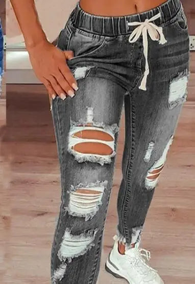 Fashion Vintage Blue Ripped Jeans Women Elastic Waist Drawstring Pencil Denim Jeans Office Lady Holes High Waist Trousers