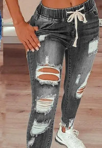 Fashion Vintage Blue Ripped Jeans Women Elastic Waist Drawstring Pencil Denim Jeans Office Lady Holes High Waist Trousers
