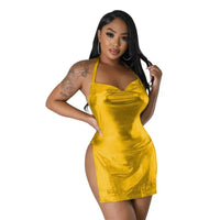 GUWU Shiny Metallic Party Night Club Mini Dress Women Clothing Halter Backless Double Side Split Sexy Hollow Out Short Dresses
