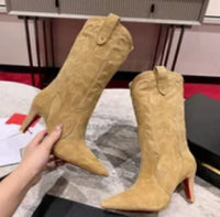 Slip On Winter Long Booties Sexy Pointed Toe Flannel Boats Embroidered Leather Knee-High Boots Women High Heels Designer Style