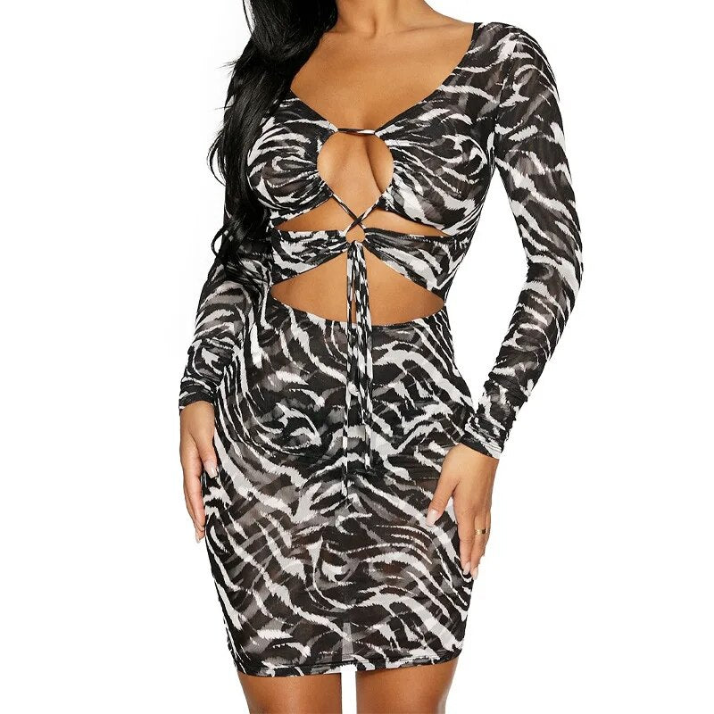 Mini Dress Hollow Out Sexy Pencil Dresses Leopard Hollow Bandage Halter Black Streetwear Short Dress Women Beach Holiday Wear