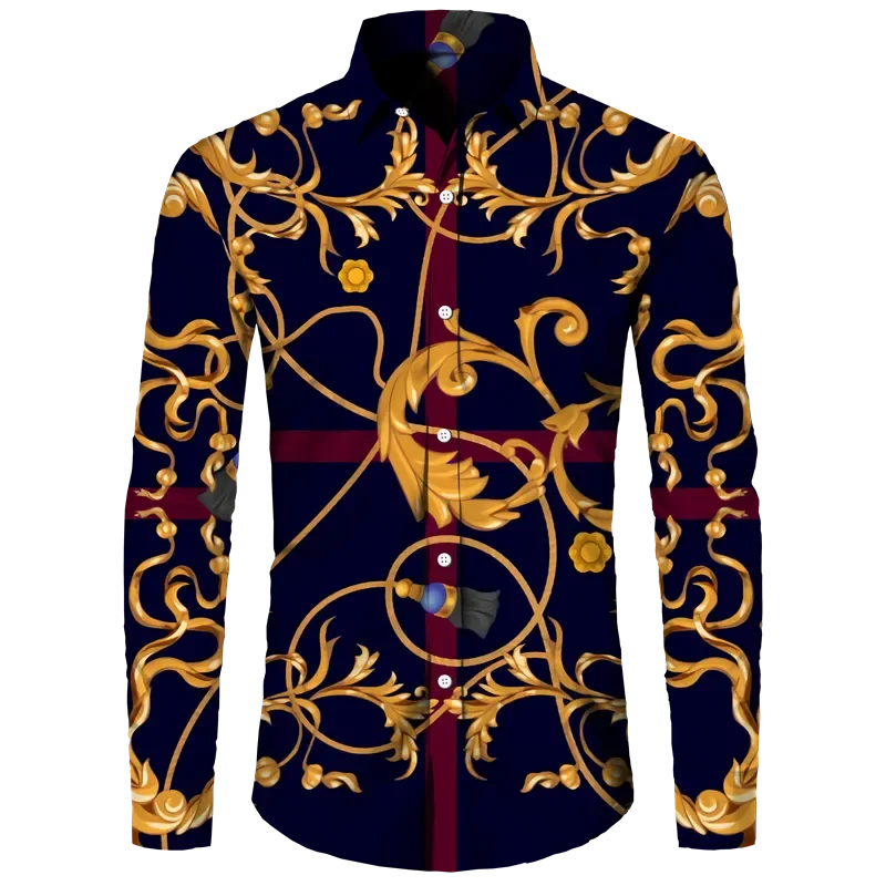 Fashion Luxury Golden Flower Print Men's Shirts Baroque Style Short/Long Sleeve Lapel Button Up Tops Social Hawai Party Cardigan