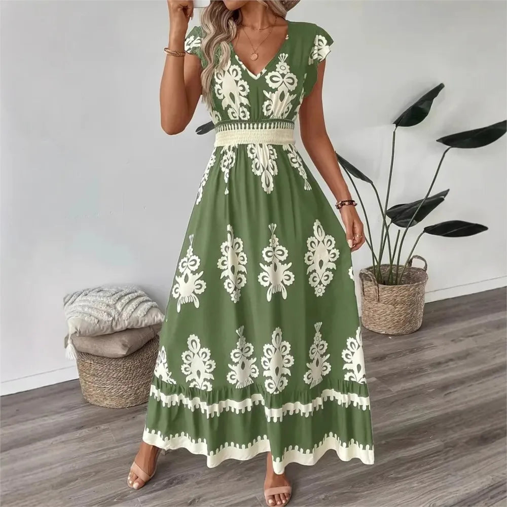 Women's Holiday Wind Beach Print Dress Summer Fashion High Waist Slim Body Casual V Neck Swing Elegant Ladies Office Long Dress