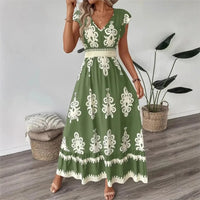 Women's Holiday Wind Beach Print Dress Summer Fashion High Waist Slim Body Casual V Neck Swing Elegant Ladies Office Long Dress