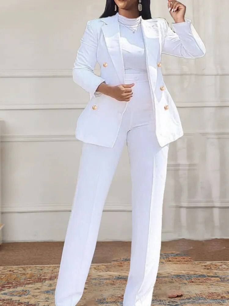 Women White Formal Business Blazer Suit Sets Elagant 6 Buttons Jacket Knee Length Skirts Wide Leg Pants Suits Casual Office Work