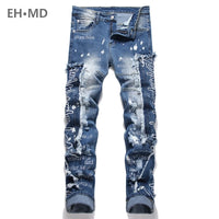 EH · MD Spliced Jeans Men's Embroidery English High Elastic Small Feet Pants Worn Down Wool 3D Printing Zipper Slim Fit Gradient