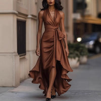Women Fashion Solid Color V Neck Sleeveless Irregular Hem Midi Dress Party Cocktail Elegant Dress for Night Out