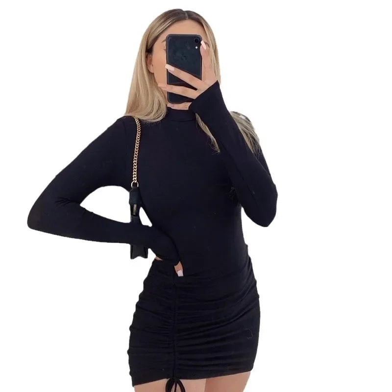 2024 Autumn New Women's Dress Solid Color Polo/Turtle Neck Long Sleeve Ruched Drawstring Ultra Short Dress From Europe And Ameri