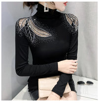 New 2025 Spring Autumn Long Sleeve T-Shirt Fashion Casual Turtleneck Diamond Woman Tee Elegant Slim Women's Tops Blusas