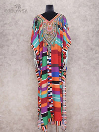 Plus Size Multicolored Loose Dress Cotton Tunic Women Large Size Beach Wear Kaftan Bohemian Printed Loose Beach Dresses Q1084