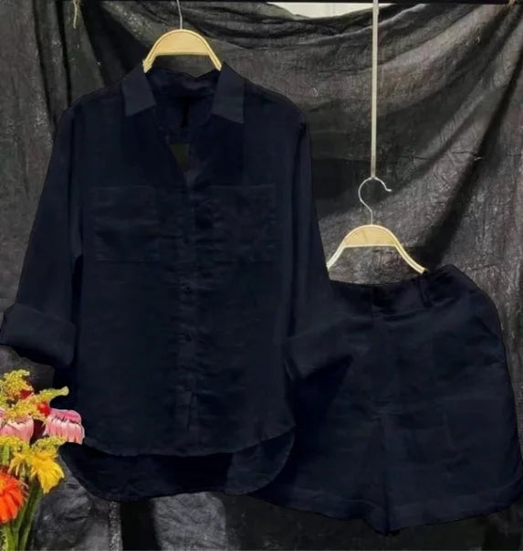 Fashion White Long Sleeve Shirt And Shorts Two Piece Sets Outfit Summer Cotton Linen Casual Home 2 Piece Set For Women Suits