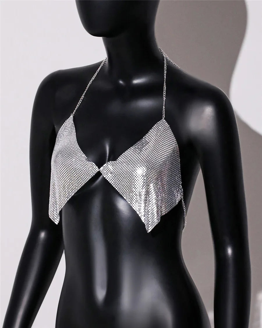 AKYZO Fashion Metal Sequins Camisole Summer Women Backless Halter Neck Off The Shoulder Crop Top Rave Vocal Concert Tank Top