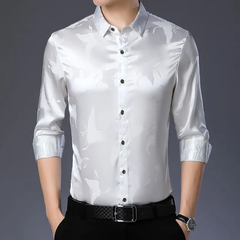 Streetwear Fashion Men Silk Smooth Shirt Spring Autumn New Male Clothes Business Casual Vintage Long Sleeve Basic Casual Tops