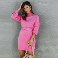 Turtleneck Sweater Dress Women Long Sleeve Winter Knitted Dress with Belt 2022 Lady Elegant Pink Mini Christmas Party Dresses