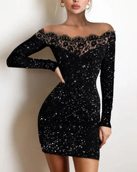 Sexy Party Night Out Dresses For Women 2022 Autumn Plain Black Off Shoulder Long Sleeve Contrast Lace Glitter Bodycon Mini Dress