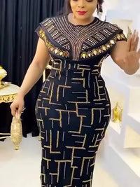 Women Bodycon Party Dress O Neck Shiny African Elegant Luxury Rihnestone Patchwork Shiny Large Size Ladies Gowns Summer 2023 New