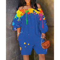 Sexy Women Ink Splash Print Off The Shoulder Long Sleeve Romper Oversized