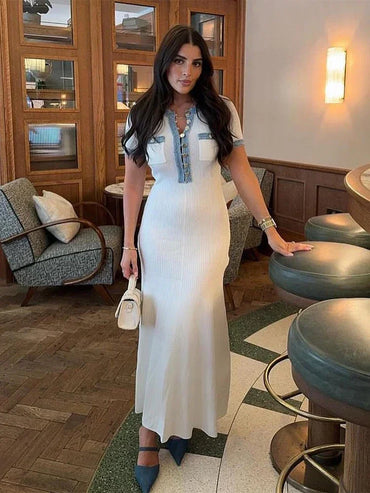 Elegant V Neck Denim Patchwork Knitted Long Dress Women Fashion Short Sleeved Buttons Bodycon Dresses Office Lady Pockets Robes