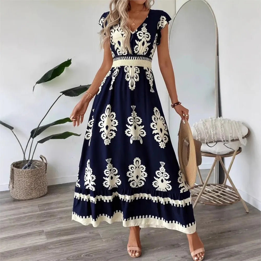 Women's Holiday Wind Beach Print Dress Summer Fashion High Waist Slim Body Casual V Neck Swing Elegant Ladies Office Long Dress