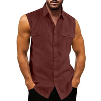 2023 Summer New Men's Shirts Solid Color Linen Cardigan Sleeveless Loose Lapel Men's Shirts Camisa