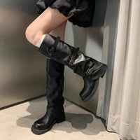 High Boots Fashion New Round Toe Platform Metal Belt Buckle Anti-slip Wear-resistant Block Heel Single Boots