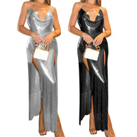 Glitter Metal Sequins Halter Cowl Neck Open Back Slit Evening Gown for Women Sparkling Rave Nightclub Bodycon Long Dress