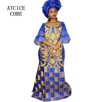 African Dresses For Woman Bazin Riche Computer Emboridery Plus Size Long Dress With Scarf