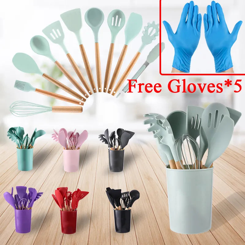 12PCS Silicone Kitchen Utensils Set Non-Stick Cookware for Kitchen Wooden Handle Spatula Egg Beaters Kitchenware Accessories Hot