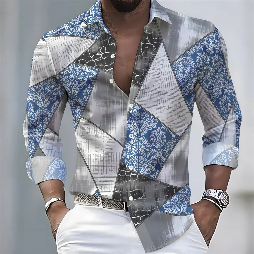 European and American style color-blocked geometric abstract print men's long-sleeved shirt, versatile top for spring and autumn