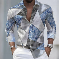European and American style color-blocked geometric abstract print men's long-sleeved shirt, versatile top for spring and autumn
