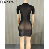 FLARORA Sexy See Through Mini Dress Woman Solid Color O-Neck Short Sleeves Skinny Peach Hip Elastic Clubwear Midnight Bodycon