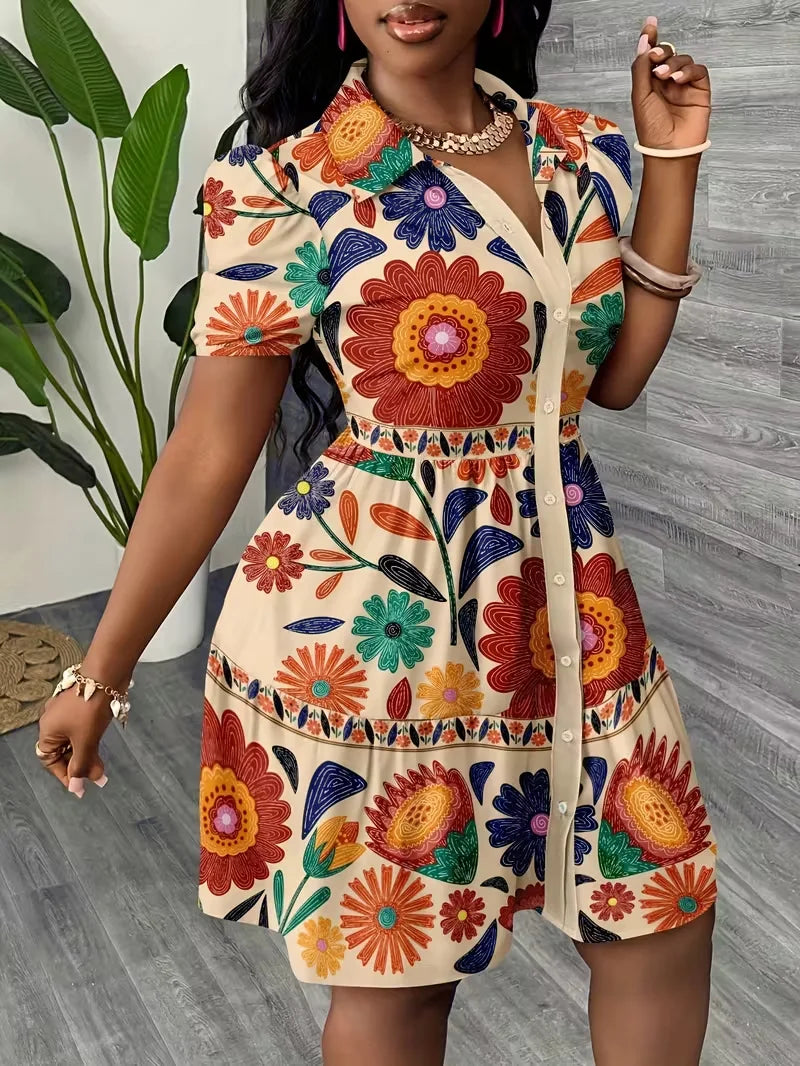 2026Women's Summer Floral Print Shirt Dress Puff Sleeve Ruffle Hem A-Line Mini Dress