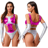Women Metallic Shiny Bodysuit with Fingerless Long Gloves Contrast Cut Out Leotard for Halloween Cosplay Astronaut Alien Costume